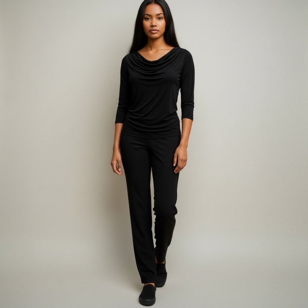 NWOT Elegant Black Draped Neckline Blouse